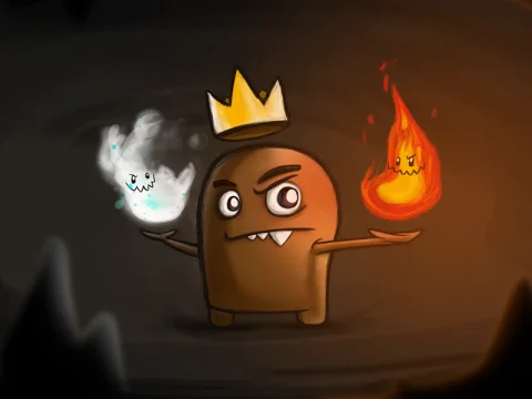 King Elemento: a crowned little monster juggling a ghost and a flame
