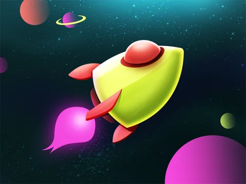 Rocket: a lime-green rocket zooming through a colourful galaxy