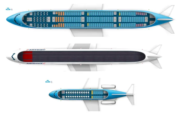Seat maps of a KLM Boeing 777, an Air France A380 and a KLM Fokker 70