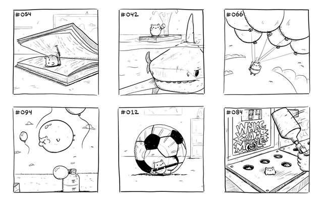 Six ink drawings of a little hamster in trouble