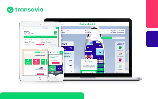 Transavia's online check-in on a laptop, tablet and phone