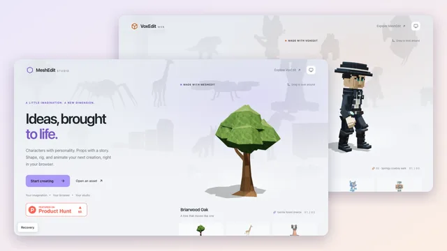 The MeshEdit and VoxEdit Web home pages side by side: a low-poly oak in MeshEdit and a voxel cowboy in VoxEdit